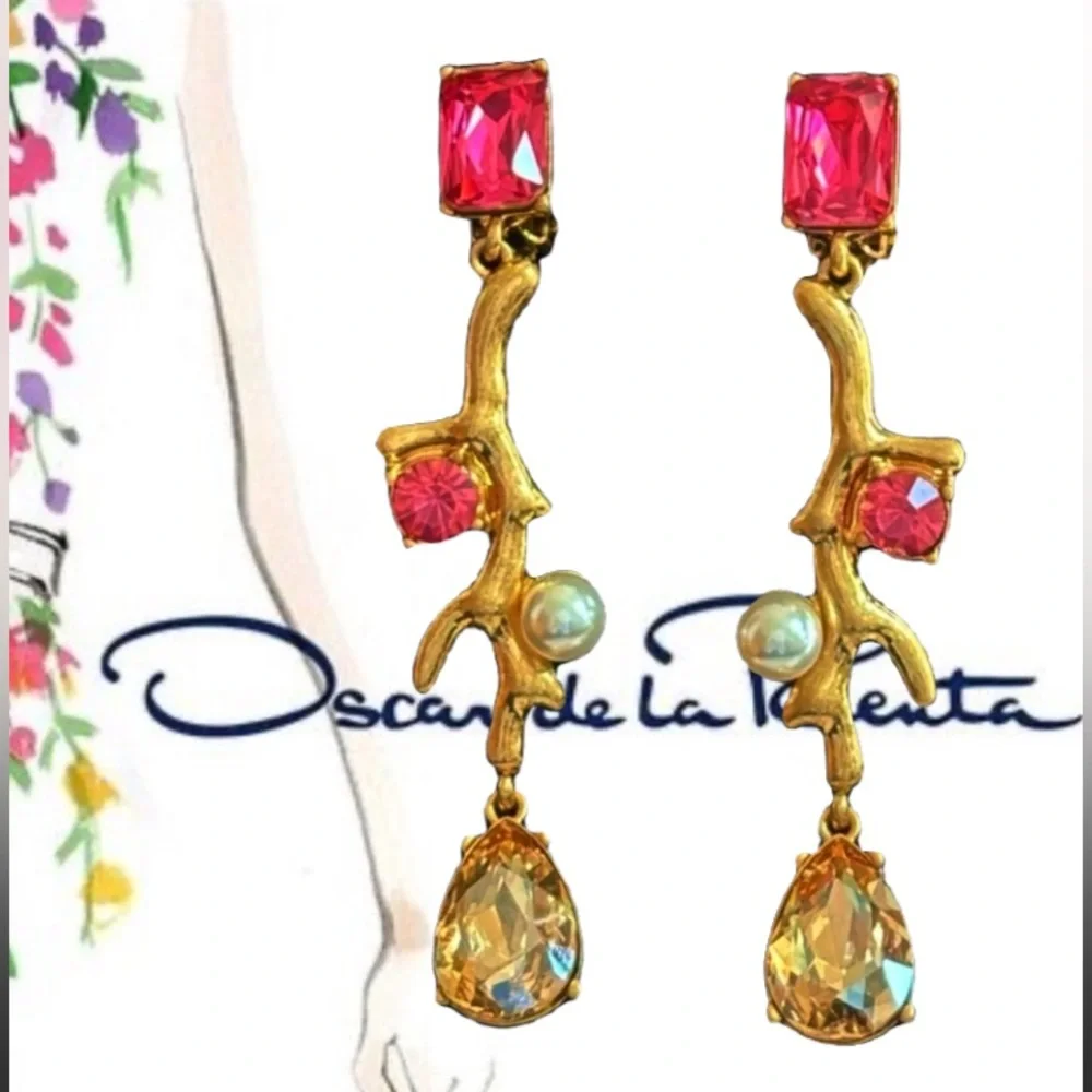 OSCAR de la RENTA Gold Pink Crystal Pearl Flora Branch Drop Earrings Branch